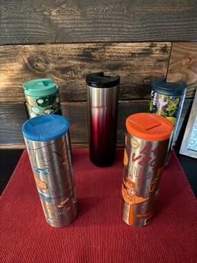 5 Starbucks Stainless Steel Travel Tumblers with Colorful Lids